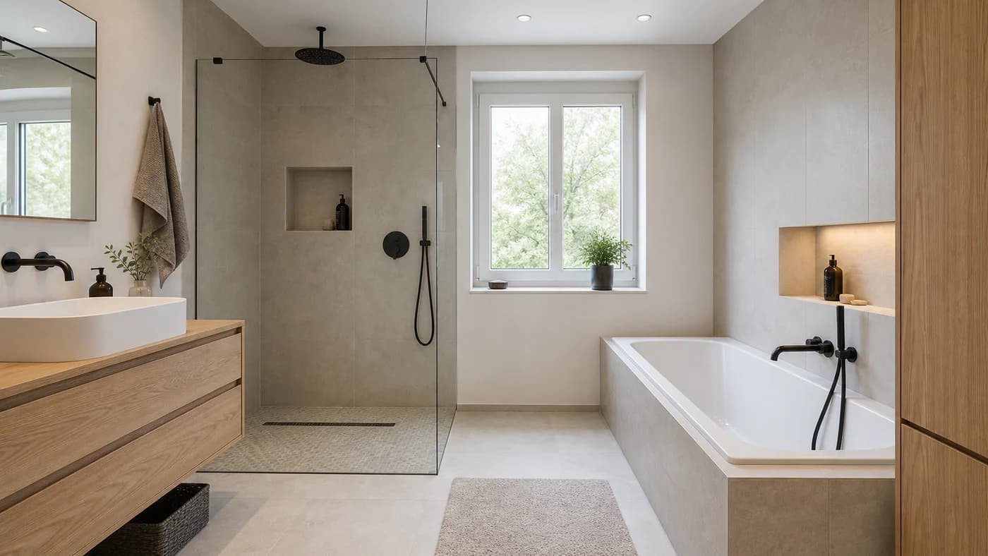 Koupelna s walk-in sprchovým koutem a vestavěnou vanou