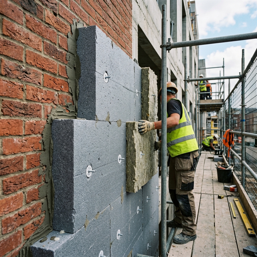 Realistický detail instalace fasádní izolace při celkové rekonstrukci